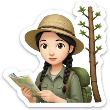 A braid black hair backpacking woman checking her map with curious eyes while walking in the woods with camping hat full body sticker
