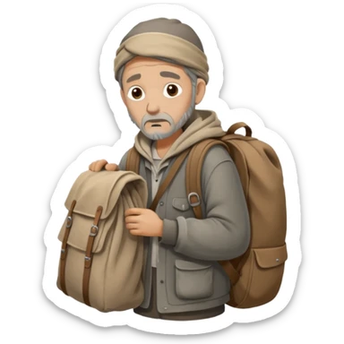 A homeless man wrapped in an old blanket, holding a backpack filled with his belongings, expression calm but weary.
 sticker