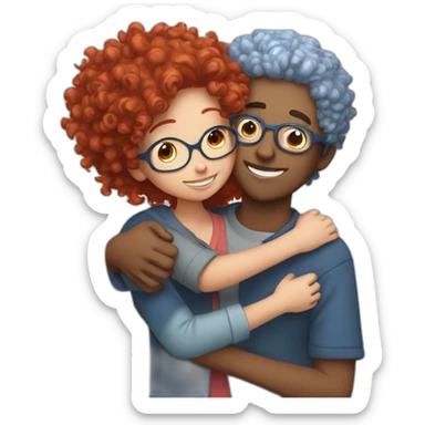 a girl with red curly hair and blue glasses hugging a boy with gray hair sticker