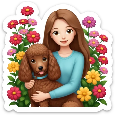 A beautiful girl with long straight hair happily hugs a brown poodle in the flowers sticker