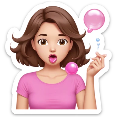 A digital illustration of a cartoon-style woman with shoulder-length brown hair, wearing a pink shirt. She is blowing a pink bubble gum bubble while playfully twirling a strand of her hair with her fingers. Her facial expression is relaxed and carefree. The background is plain white sticker