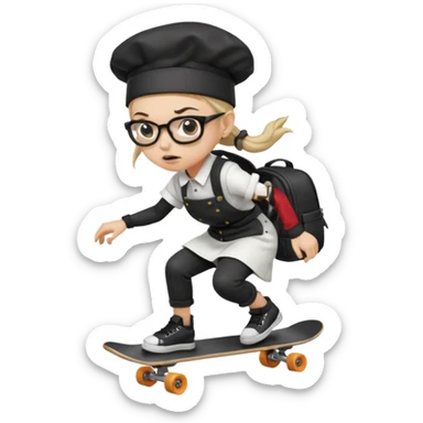 ["An angry woman with light skin, ponytail, wearing a chef hat and square glasses, dressed in goth fashion, is skateboarding while holding a backpack."] sticker