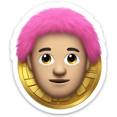 Man with gold, wearing a pink fur coat, and a Bitcoin coin as his head. sticker