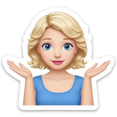Girl Blonde short wavy hair,  blue eyes, cute blue top, long lashes, pink lips, smiling, shrugging hands raised sticker