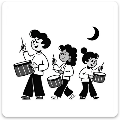 group waking up the neighborhood for sahur with drums, crescent moon in background sticker