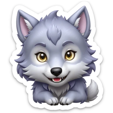 Cinematic Cute Werewolf Portrait Emoji, with a cuddly, miniature lupine form in soft moonlit grays and silvers, featuring oversized sparkling eyes and a sweet, endearing snarl, simplified yet irresistibly adorable, highly detailed with a gentle glowing outline that captures the playful, heartwarming essence of a little werewolf! sticker