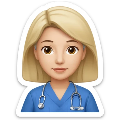 A middle aged female nurse wearing scrubs sticker