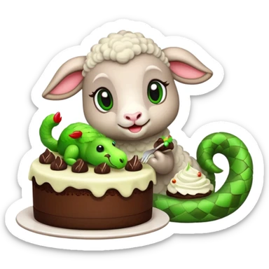 Lamb eating dessert with a cute green snake sticker