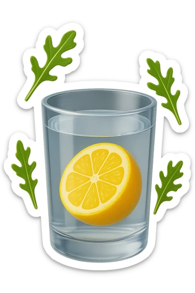emoji stile iphone 3d di un bicchiere di acqua con limone e qualche foglia di rucola che fluttua intorno in aria, iperrealistico 4k sticker