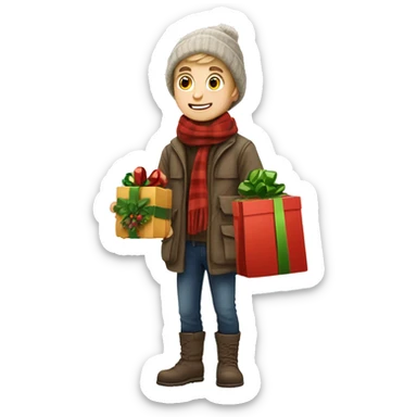 German boy going christmas shopping, buying a lot of gifts, wearing warm clothes sticker