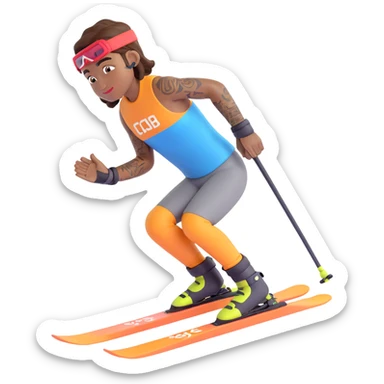 Nike-inspired ski athlete with brown skin, tattoos on arms, winter sports outfit, in a modern 3D emoji style sticker