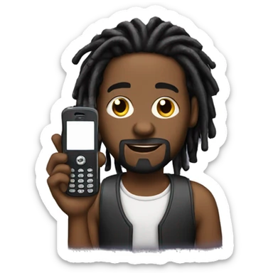 A black guy with dreads, a little goatee, holding a phone sticker