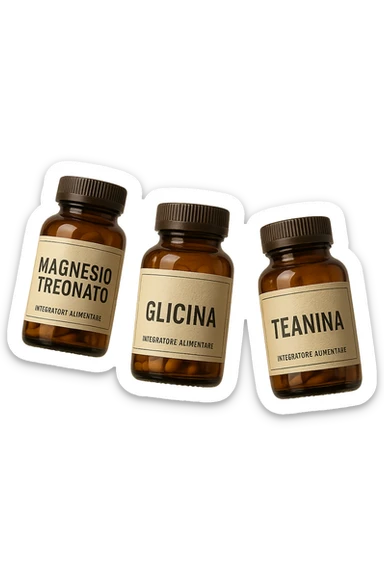 3 boccette di integratori: Magnesio Treonato, glicina, teanina, fluttuano in aria sticker
