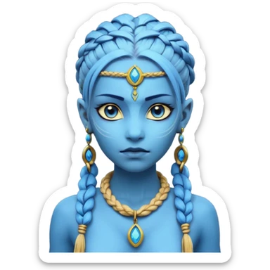 Create an icon of a Na’vi-inspired female character with glowing blue skin, braided hair, tribal forehead markings, large expressive eyes, gold earrings, and a rope necklace with a golden pendant. The expression should be calm and serious, matching the style of the movie Avatar sticker