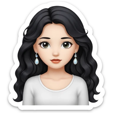 Wavy black long hair girl , black eyes , white top , white\tan skin , wearing accessories  sticker