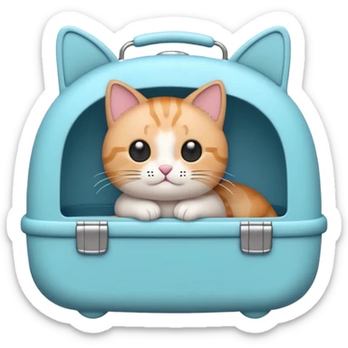 A cute emoji-style cat carrier — rounded, soft edges, cartoon-like design, pastel colors, with a small handle on top and tiny ventilation holes on the side. Simple, minimal details, high contrast, clean outline. sticker