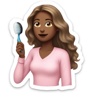 girl in baby pink long sleeved top with long wavy hair brushing hair with eyes shut  sticker