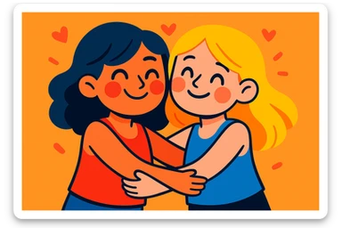girls in tank tops hugging, friendship, cute and colorful cartoon style illustration sticker