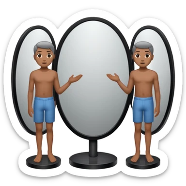 Minimalist emoji-style sticker of a person standing before a mirror, but the reflection is moving differently. Black and gray icon.
 sticker