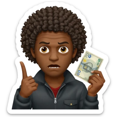 create a blackman holding 20 euro bill and looking like evil very evil curly hair that points upwards sticker