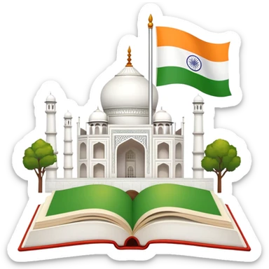 An icon featuring the Taj Mahal and the flag of India, symbolizing the Hindi language. The design includes an open book with hindi text, representing language learning and cultural richness. Transparent background highlights the heritage of India. sticker