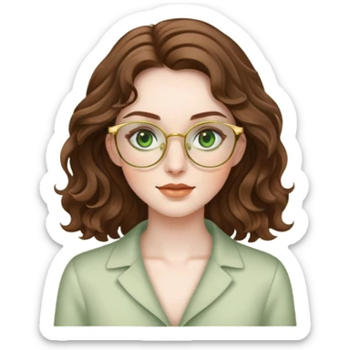 woman with pale skin, brown wavy hair, green eyes, gold glasses sticker