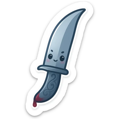 kawaii chibi-style silver knife emoji, elegant curved blade with engraved handle, faint bloodstain on the tip, soft dramatic lighting, minimalist but sharp aesthetic, cold palette blue-gray, symbol of silent assassination sticker