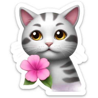 A shy cat with a pink flower  sticker