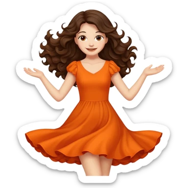 Long dark wavy hair women in orange standing twirling around sticker