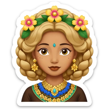 women with tan skin, wearing traditional Javanese hair with bouncy flowers, and wearing paes sticker
