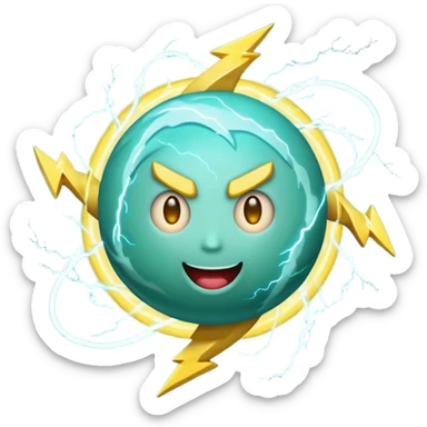 Uranus emoji in Apple-style, blue-green planet with swirling rings, a big playful and excited face, and a large yellow lightning bolt in front, bursting with electric, chaotic energy sticker