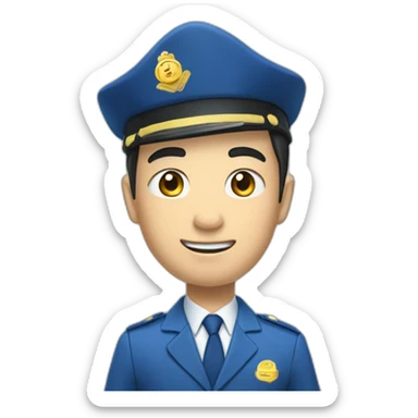 young asian deputy in blue suit and blue scullcap waves his hand sticker