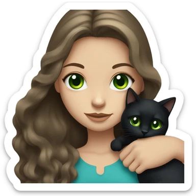Girl with long brown hair and blue eyes holding chunky black cat with green eyes sticker