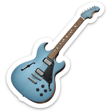 A gray-blue electric guitar with a black pick guard sticker