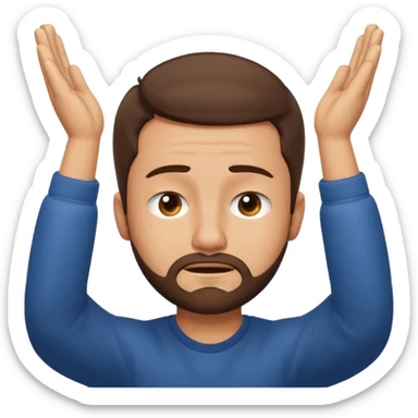 Emoji of a frustrated man with short brown hair hair and a short beard, eyes tightly closed and eyebrows furrowed.
Both hands raised near his head in frustration, clean rounded emoji style, soft gradients, plain background. sticker