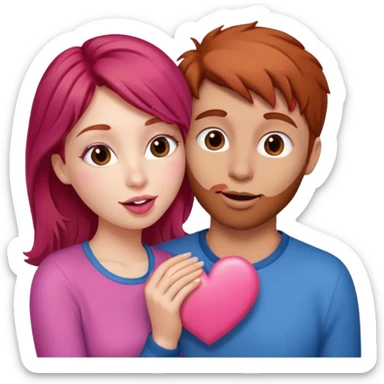 mujer pelirroja y hombre con pelo café haciendo cara de beso pero con un corazón entremedio sticker