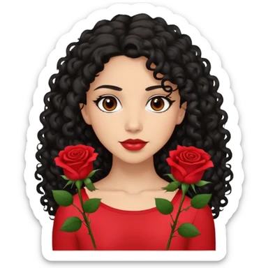 Brown eyes black curly long hair red roses backdrop ted top  sticker