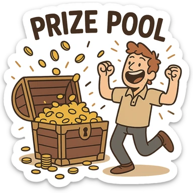 prize pool, treasure chest overflowing with coins, celebratory cartoon style sticker