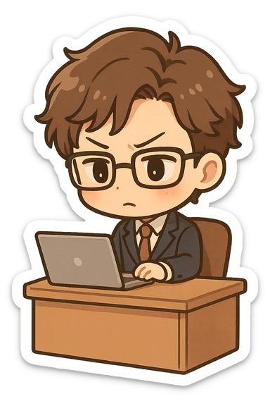mini manager character, sitting at desk, laptop open, chibi proportions, focused, simple background, manga-inspired style sticker