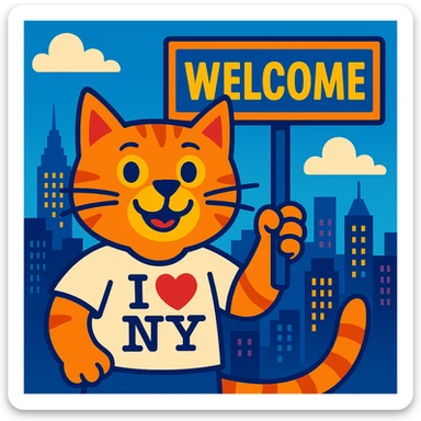 A cool cat wearing an 'I ❤️ NY' shirt, holding a welcome sign, with a city skyline behind, cheerful and friendly, vibrant toon illustration sticker