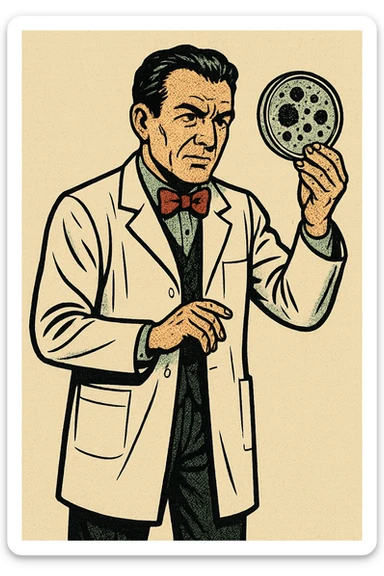 The full body of 1940s male scientist wearing a white lab coat over his suit with a red bow tie. He is holding a mouldy petri dish sticker