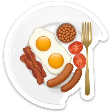 English breakfast full English breakfast with two eggs, bacon, sausage, beans, toast, and tomato оn a beautiful white plate with a gold fork sticker