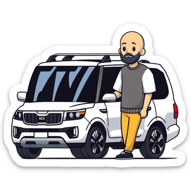 bald man with beard standing next to a Kia Mohave SUV sticker