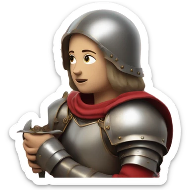 Joan of arc in medieval armor kneels, looking upward, with hands resting on a sword. They're dressed in a red garment under the armor. sticker