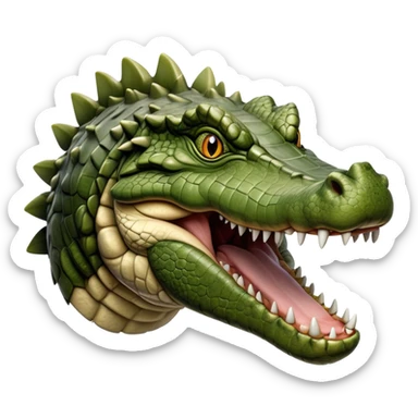 Cinematic Realistic Noble Crocodile Portrait Emoji, Poised and formidable, with a massive, muscular build and a rugged, intricately textured scaly hide in deep olive-green with natural camouflaged patterns, a powerful, fearsome jaw and piercing, ancient eyes rendered in lifelike detail, high shine, intelligent and imposing, styled with an air of primal authority, focused and attentive, soft glowing outline, capturing the essence of a watchful and confident crocodile that appears ready to surge out of the screen with effortless power! sticker