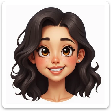 realistic emoji of a woman with dark curly shoulder-length hair, smiling with teeth, expressive almond-shaped eyes, freckles, glowing skin, friendly and calm expression sticker