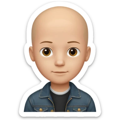  a young boy with bald head, black jeans jacket, plain forehead sticker