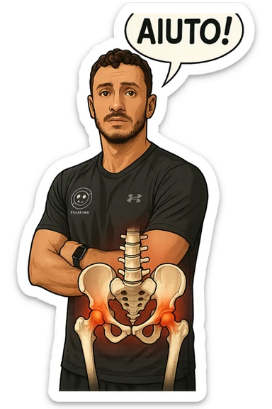 fai questo ragazzo identico ma mettigli un bacino anatomico infiammato in evidenza sul corpo e un fumetto sulla testa con la scritta "AIUTO!", ossa visibili, iperrealistica in 3d sticker