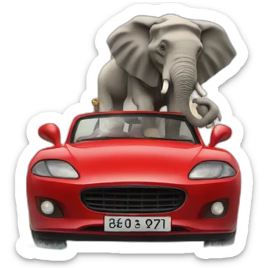 man with 12 arms 1 elephant trunk 4 lion legs sitting on a red car in a boat sticker