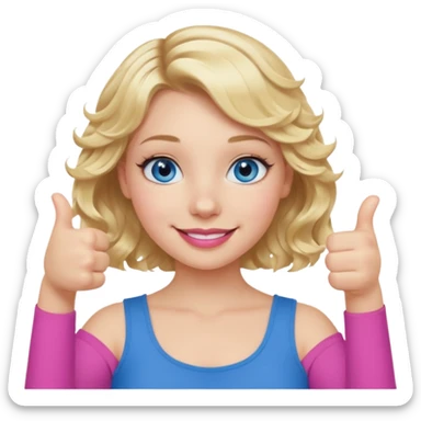 Girl Blonde short wavy hair,  blue eyes, cute blue top, long lashes, pink lips, smiling, thumbs up sticker